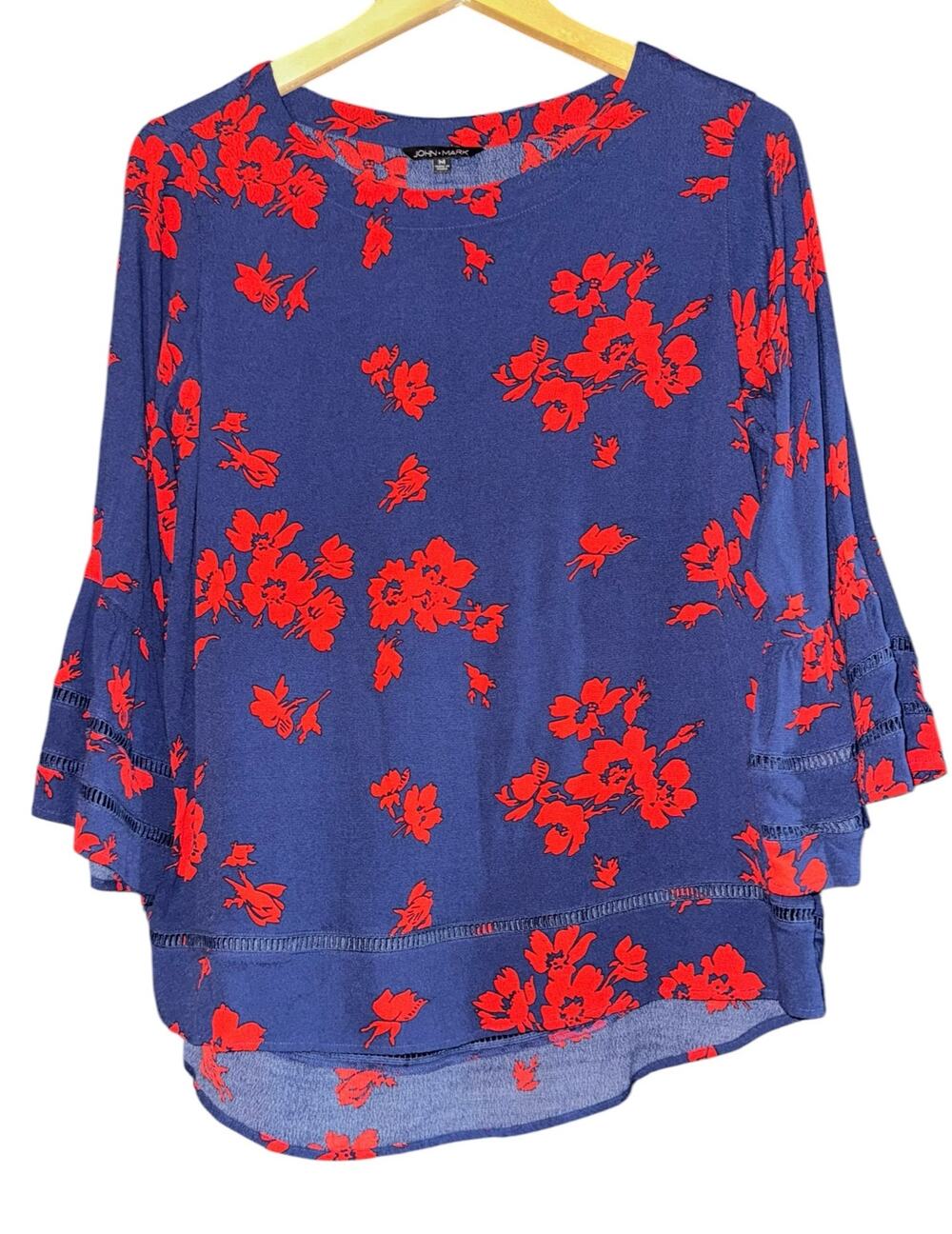 John Mark Floral Bell Sleeve Top Women's Medium Navy Blue Red July Lattice Lace